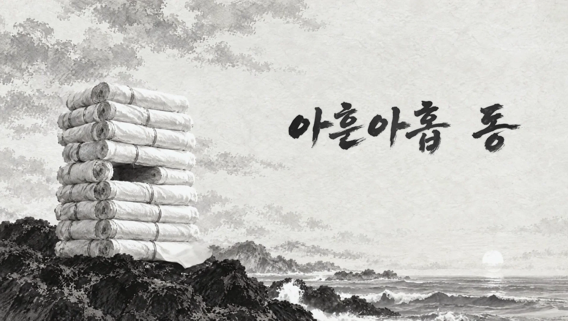 검은 갯바위 위에 쌓인 흰 명주 두루마리 더미에 한 칸이 비어 있고, 오른쪽에 가로로 쓴 붓글씨체로 "아흔아홉 동"이라고 적힌 장면