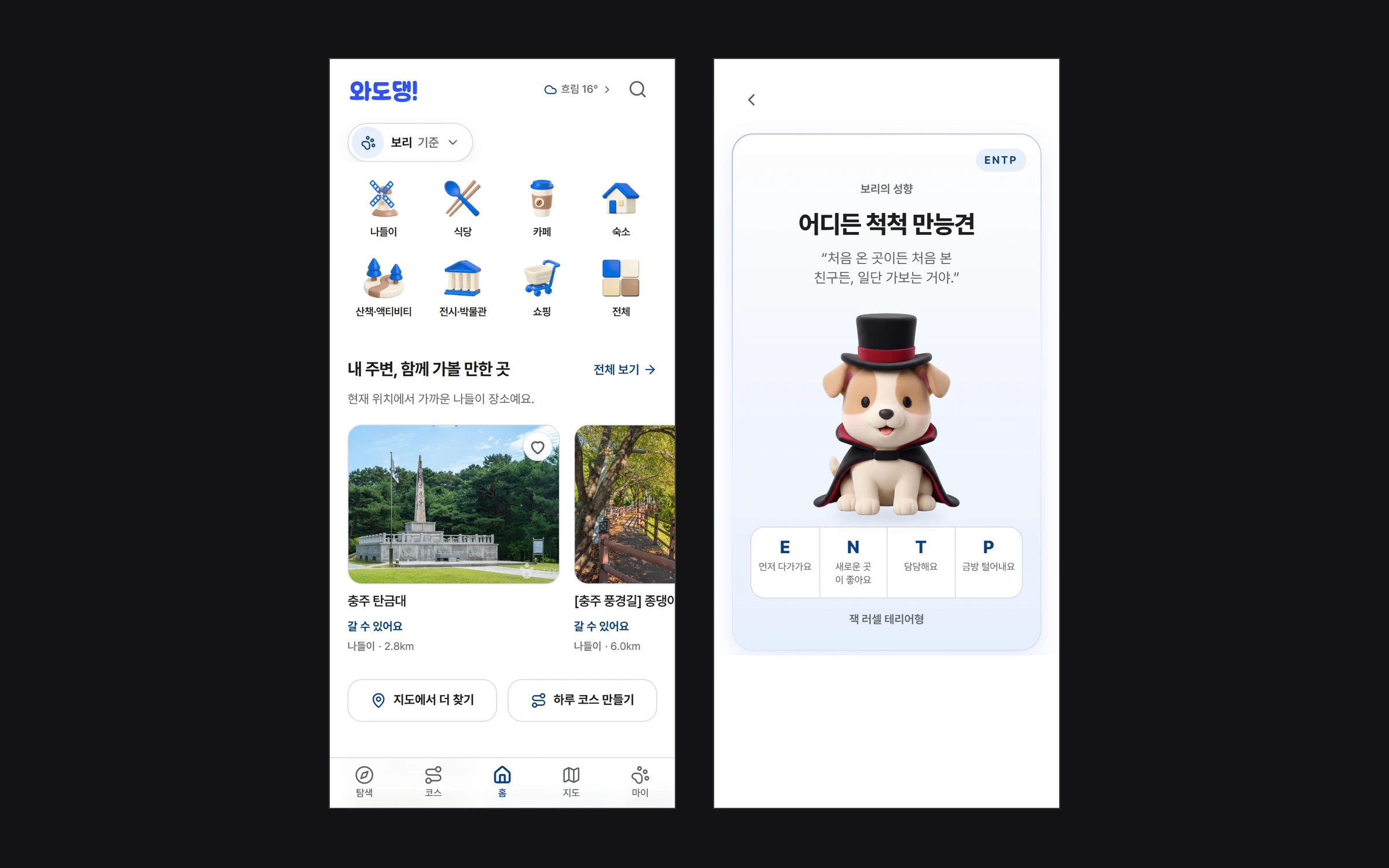 보리 기준으로 장소 분류와 가까운 나들이를 보여 주는 와도댕 홈 화면과, 모자와 망토를 쓴 잭 러셀 캐릭터 아래 "어디든 척척 만능견"이라고 적힌 성향 검사 결과 화면